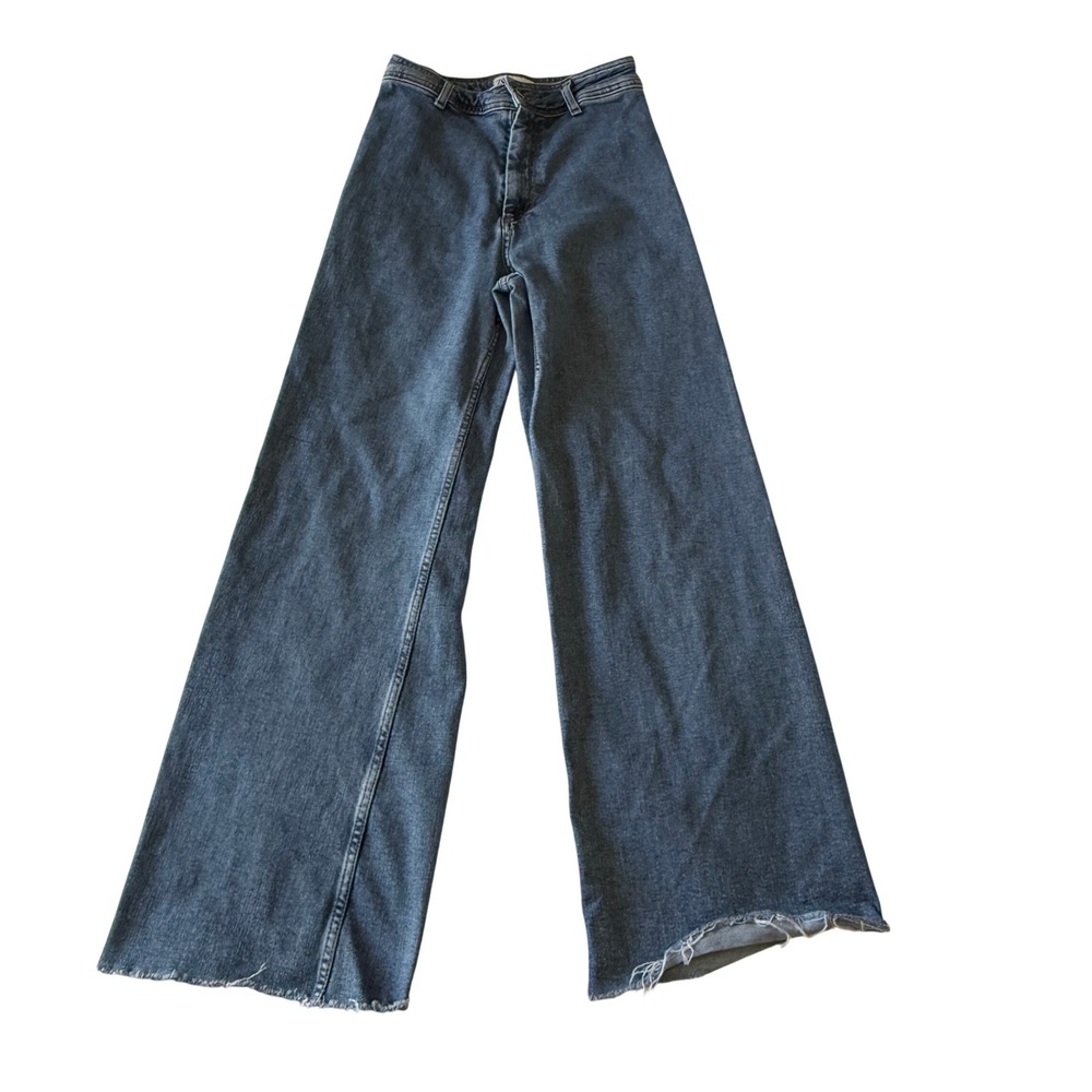 Zara The Marine Straight Jeans Women's US 6 Blue Raw Hem Wide Leg Denim sz 6 28